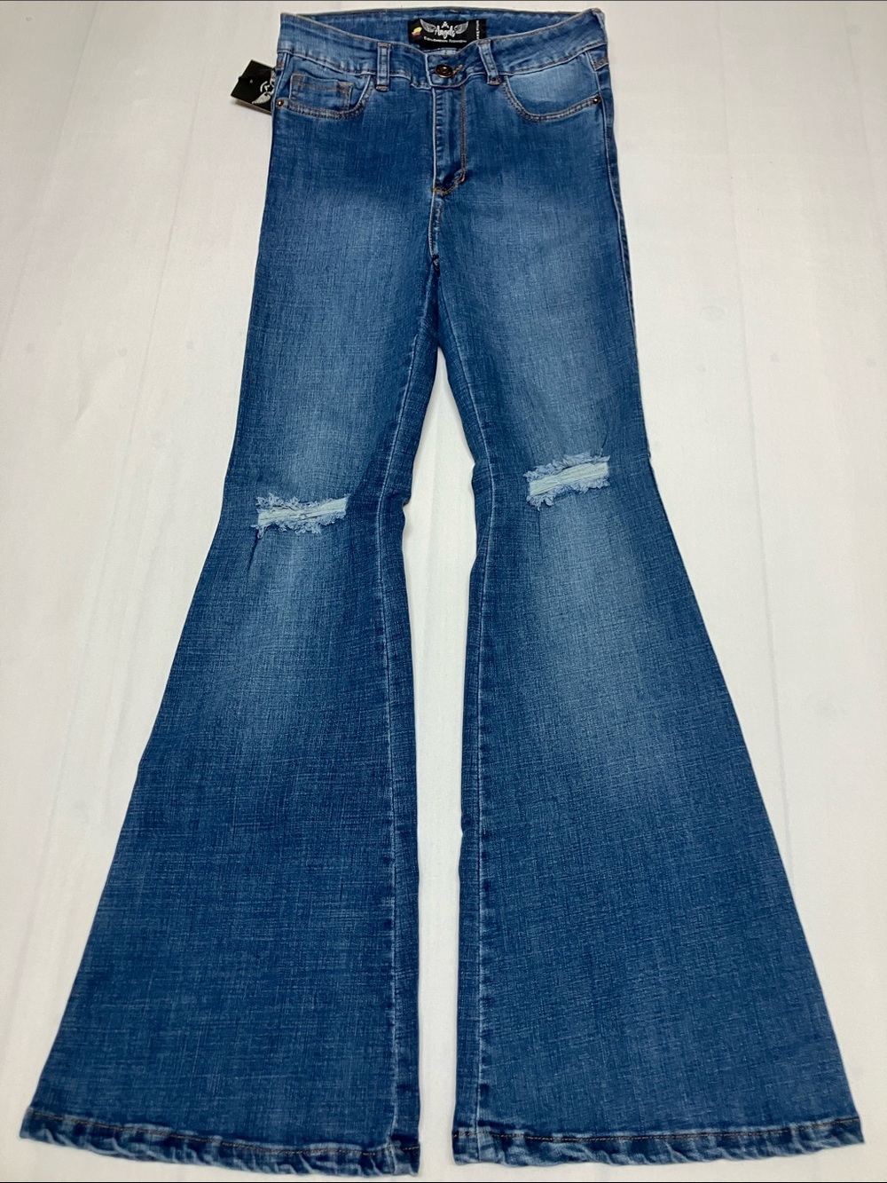 Angels Medium Blue Flare Jeans with Knee Rips